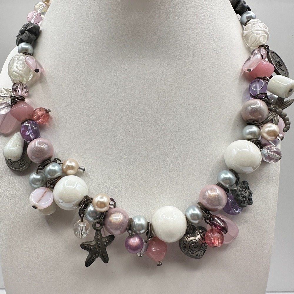 Vintage 90s Pink White Beaded Charm Necklace with Masks & Starfish